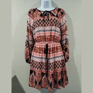 GB Dress Womens M Orange Multicolor Longsleeve Boho Paisley Print